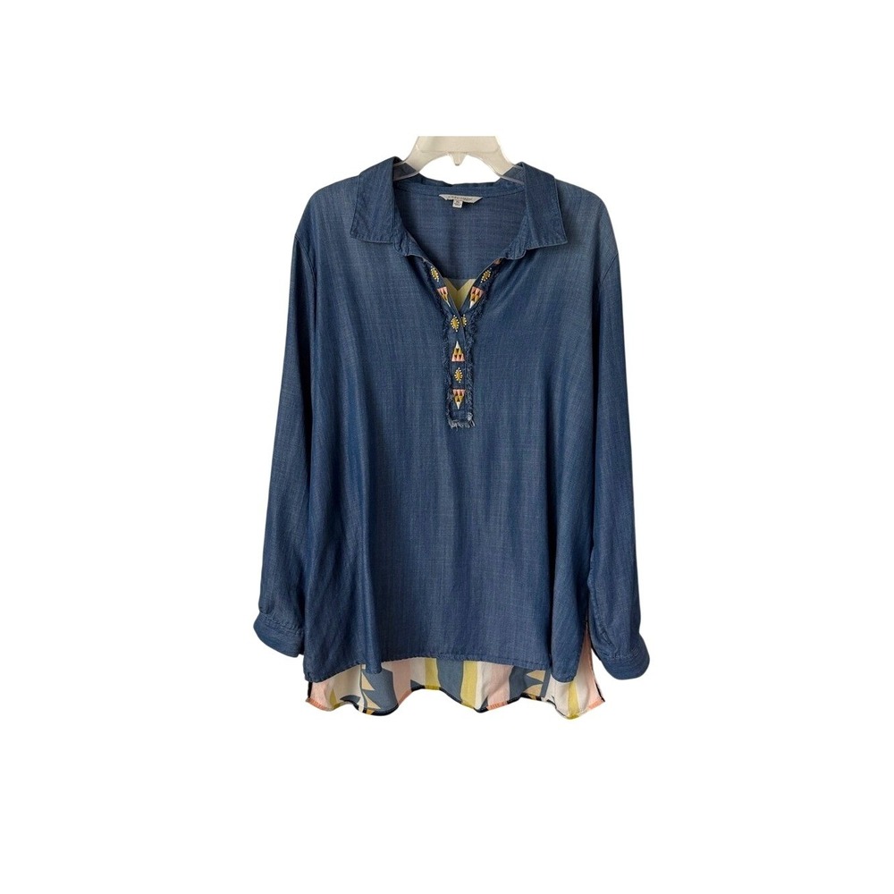 John Mark Relaxed Blue Chambray Tunic Top Southwestern Print Embroidered Collar